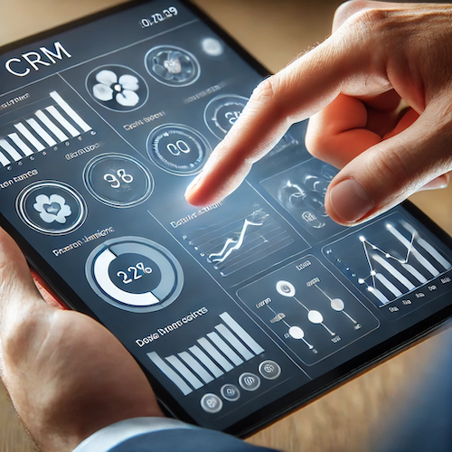 Close-up-of-a-tablet-screen-showing-a-user-interacting-with-a-CRM-interface.-The-interface-should-display-various-charts-graphs-and-data-points-wit-1-2